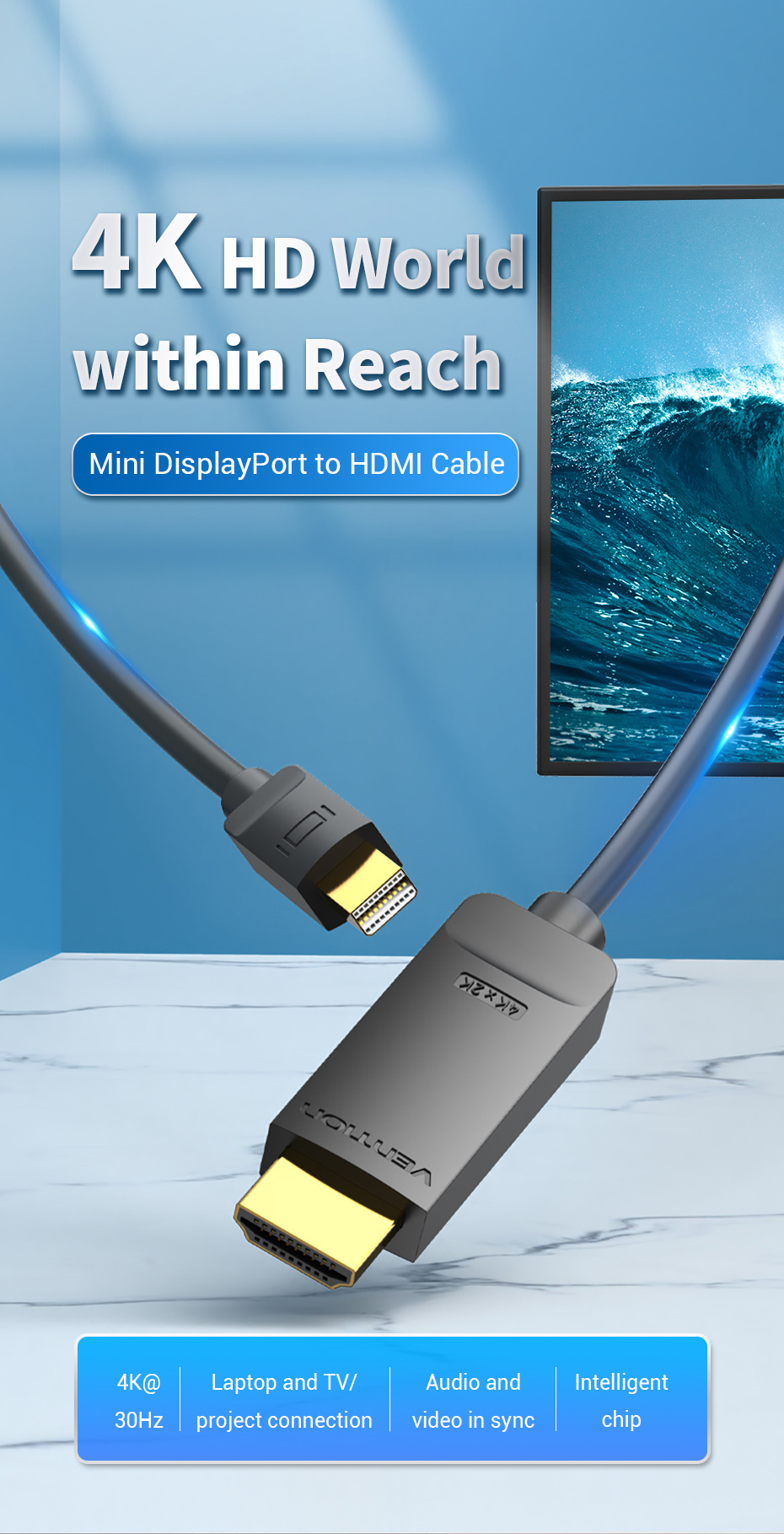 Vention Mini DP to HDMI Cable 4K 30Hz 1080P@60Hz Mini DisplayPort to ...