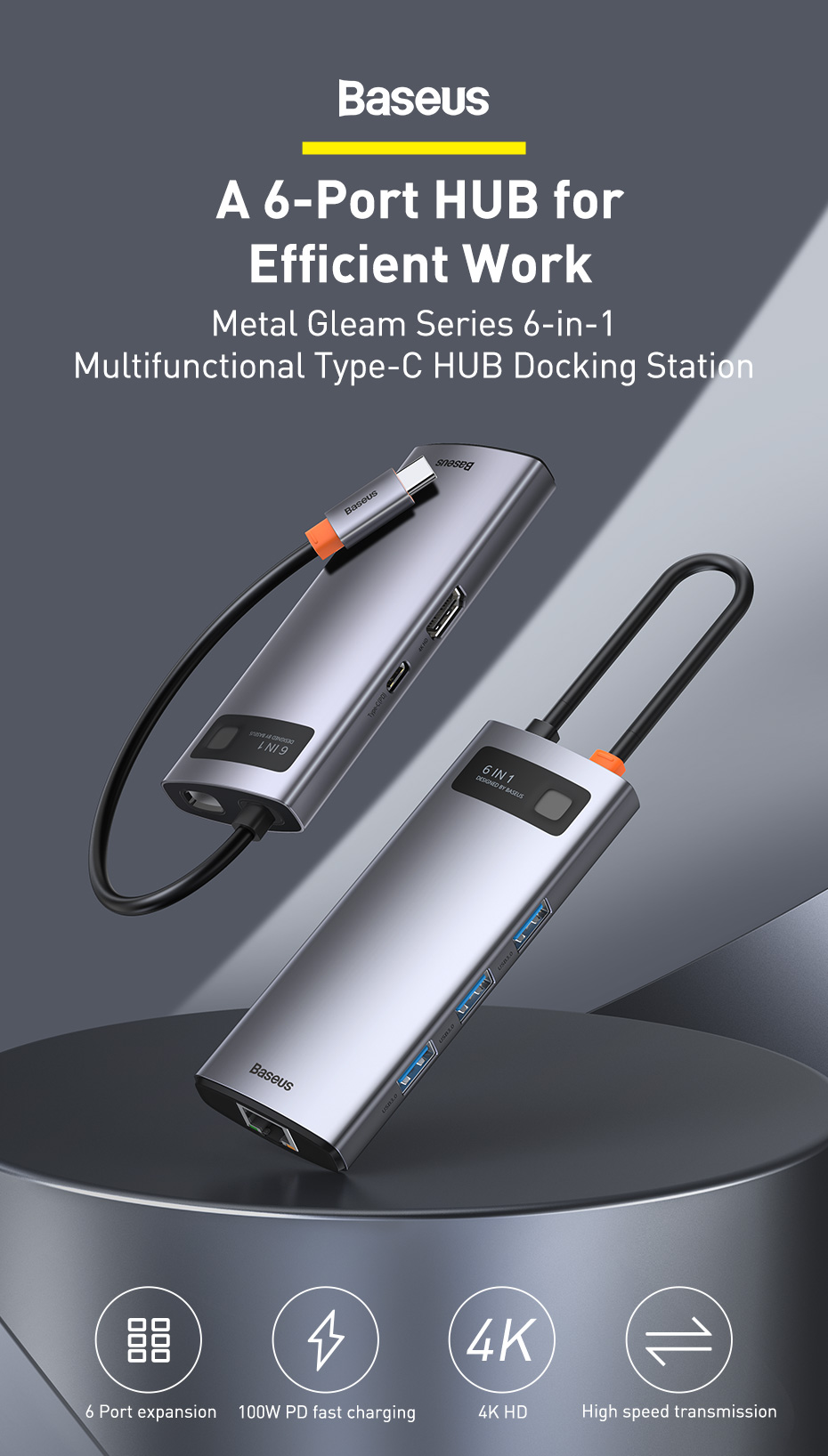 Baseus USB C Hub Type C to 4K HDMI PD USB3.0 RJ45 Adapter Docking ...