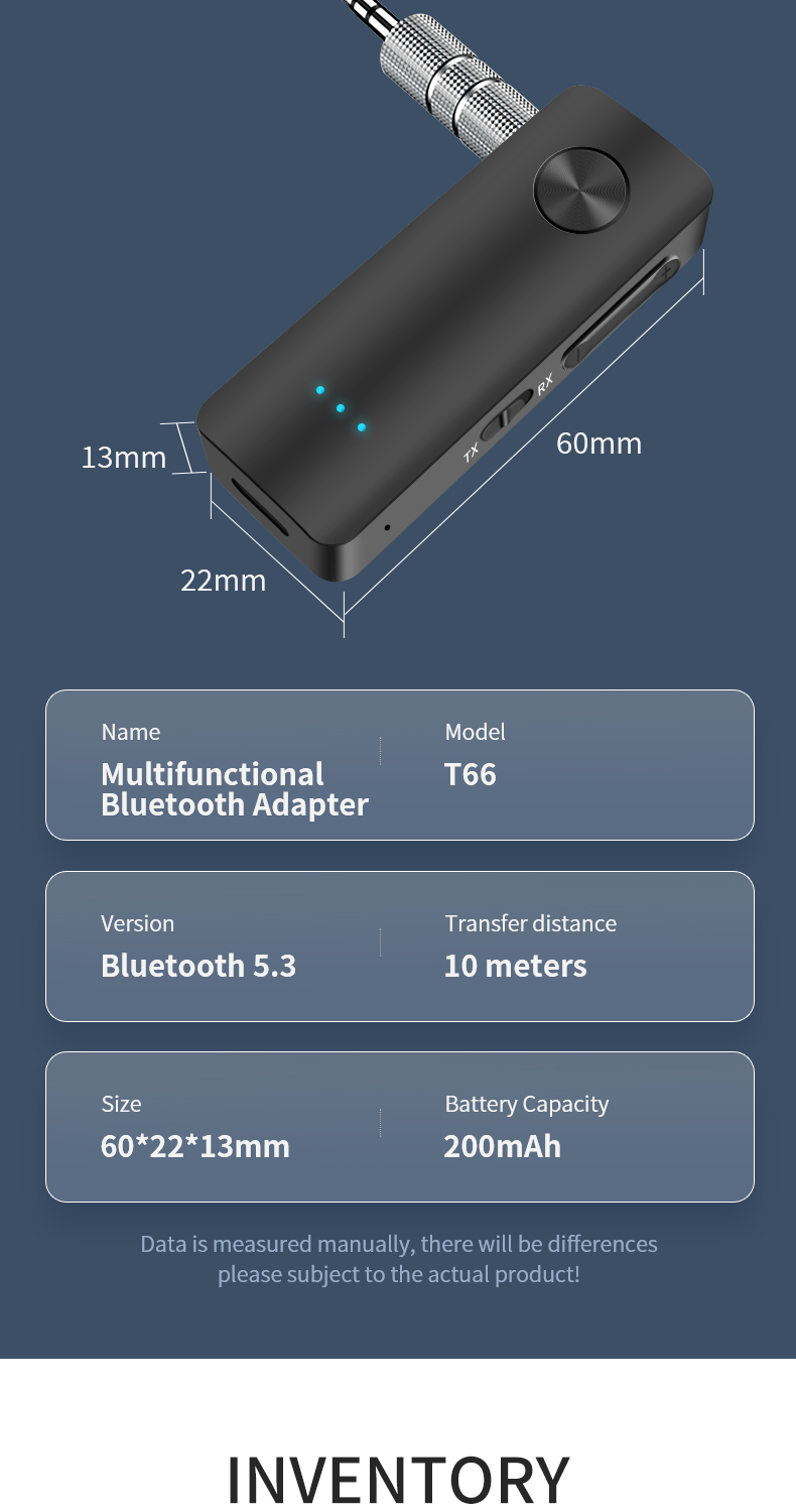 T66 Bluetooth 5.3 Car Receiver Adapter 3.5Mm Aux Jacks For Car Speakers ...