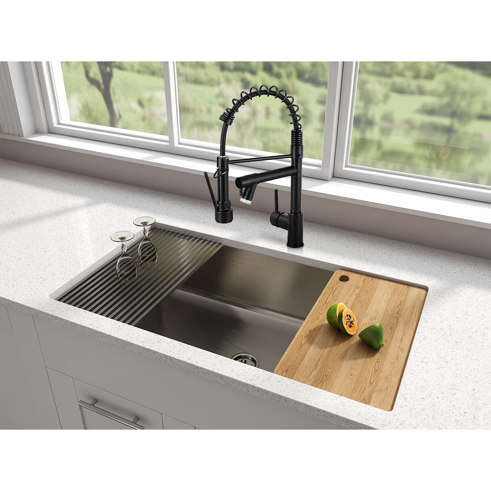 Contemporary Spring Kitchen Sink Faucet with Pull Down Sprayer with LED ...