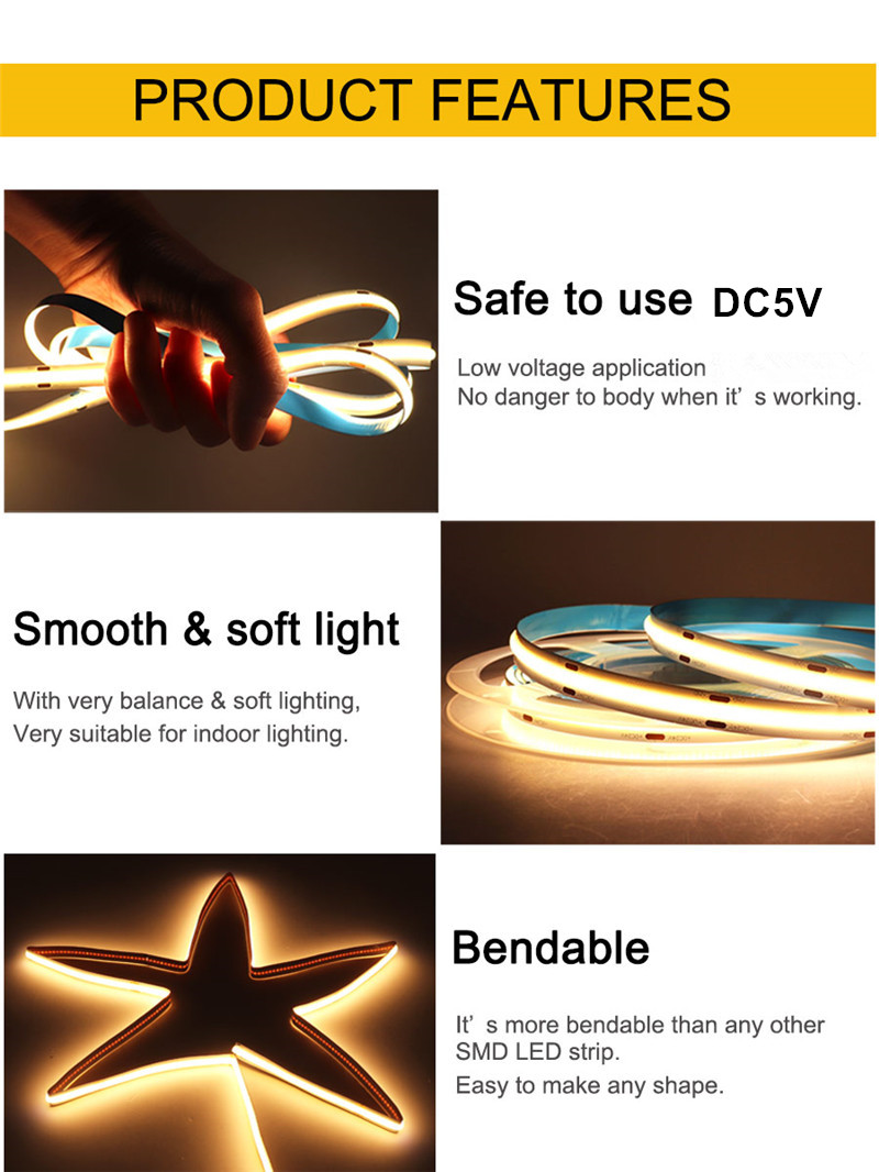 5V USB COB LED Strip Light Warm White Pink Blue Green Ice Blue Red ...