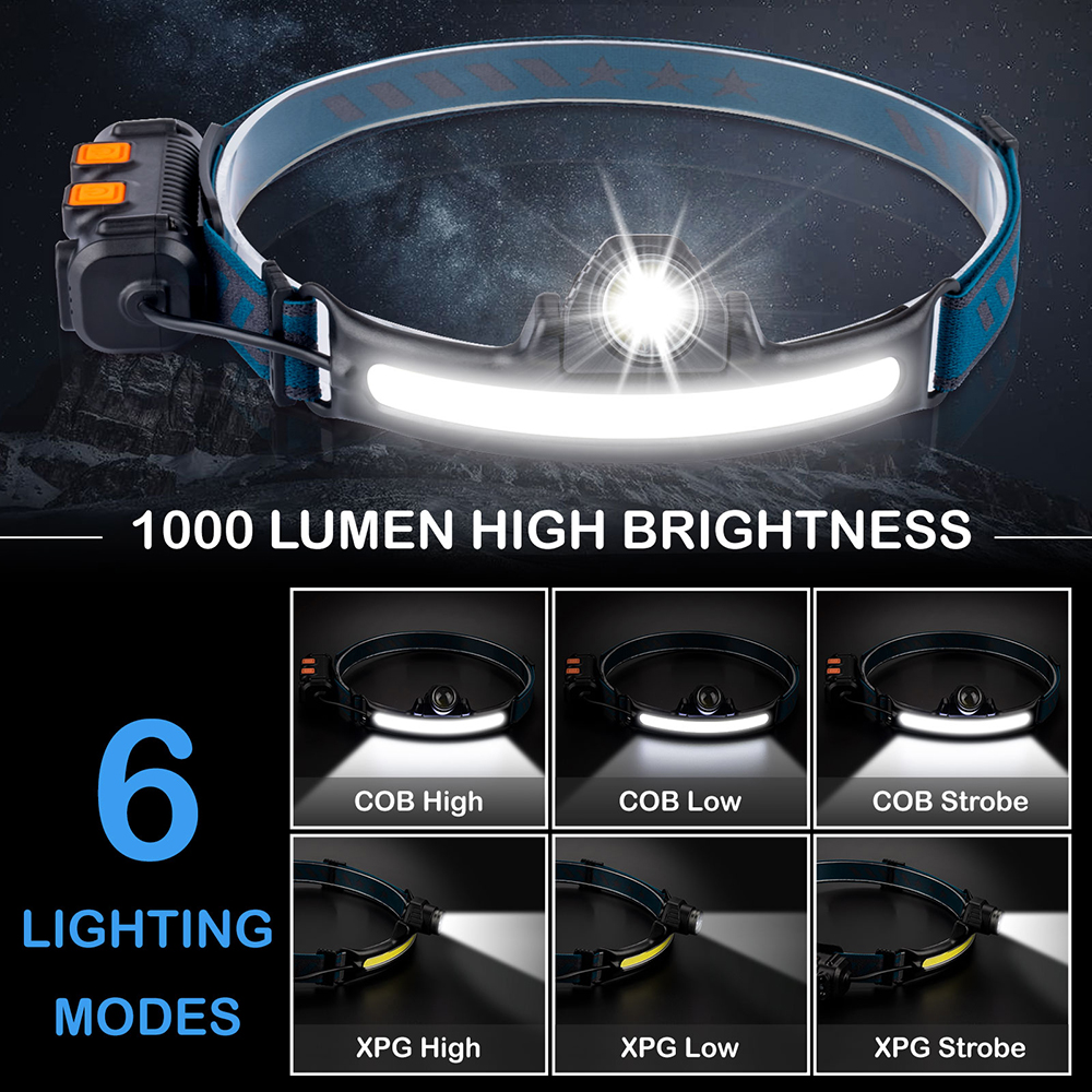 100000 LM Headlamp Induction Function, 7 Modes 50h Long Lasting Battery