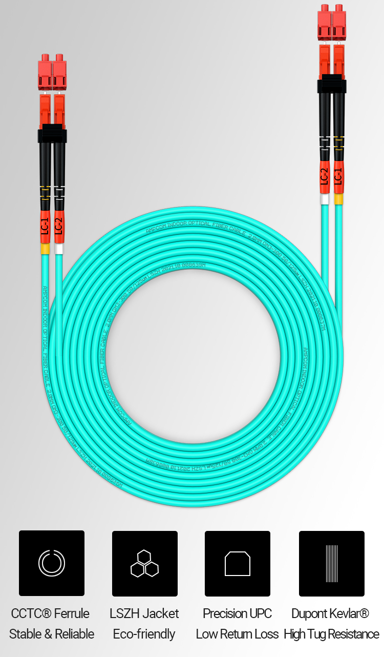 AMPCOM OM3 Multimode Duplex LSZH Fiber Optic Patch Cable Jumper Support ...