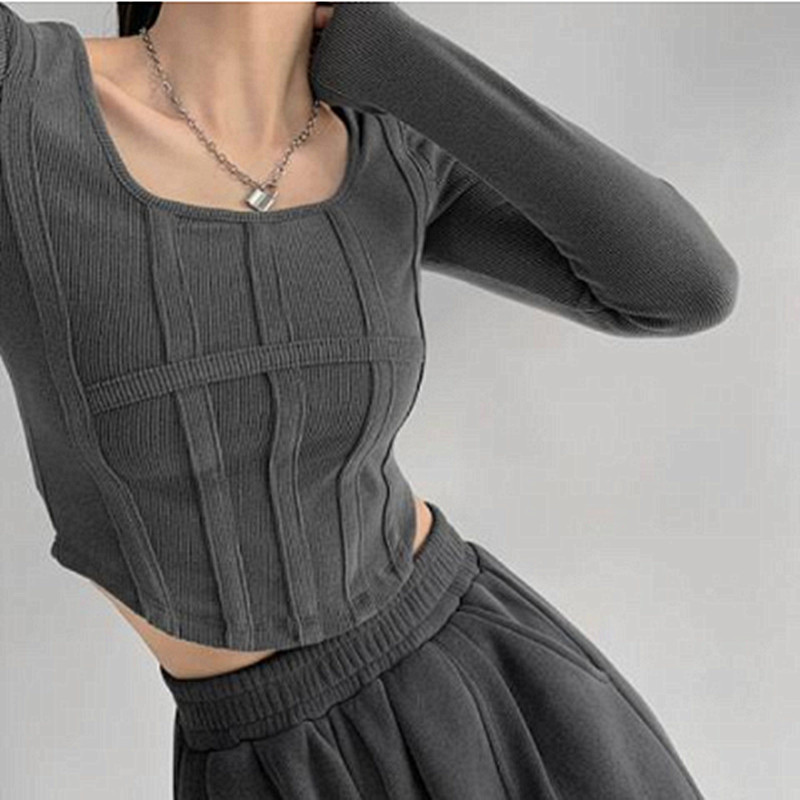 Women Autumn Retro Fishbone Pattern Long Sleeve Bottoming Shirt Square ...