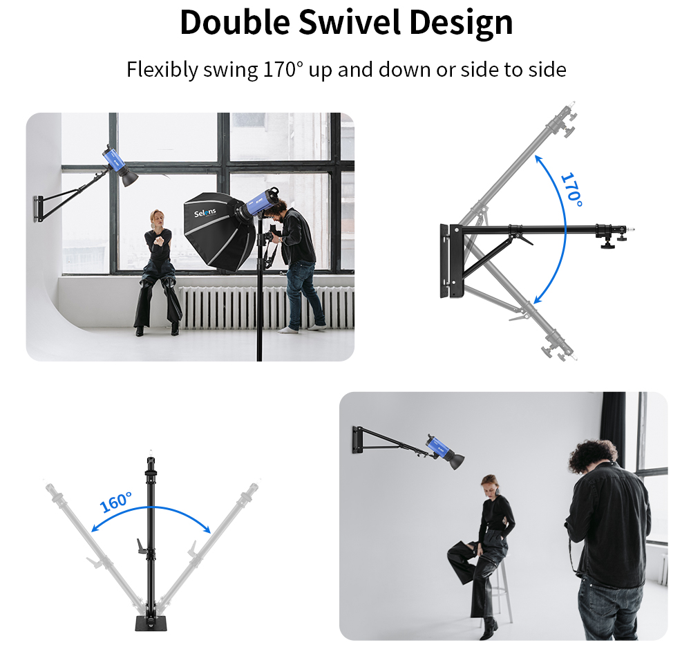 Selens Fotografie Wandmontage Uitsteekarm, 35-55 cm, Wand- en Plafondmontage Boomarm Instelbare Lengte met 3/8 1/4 Draad Universele Adapter voor Foto- en Videoverlichting, Paraplu's, Reflectoren