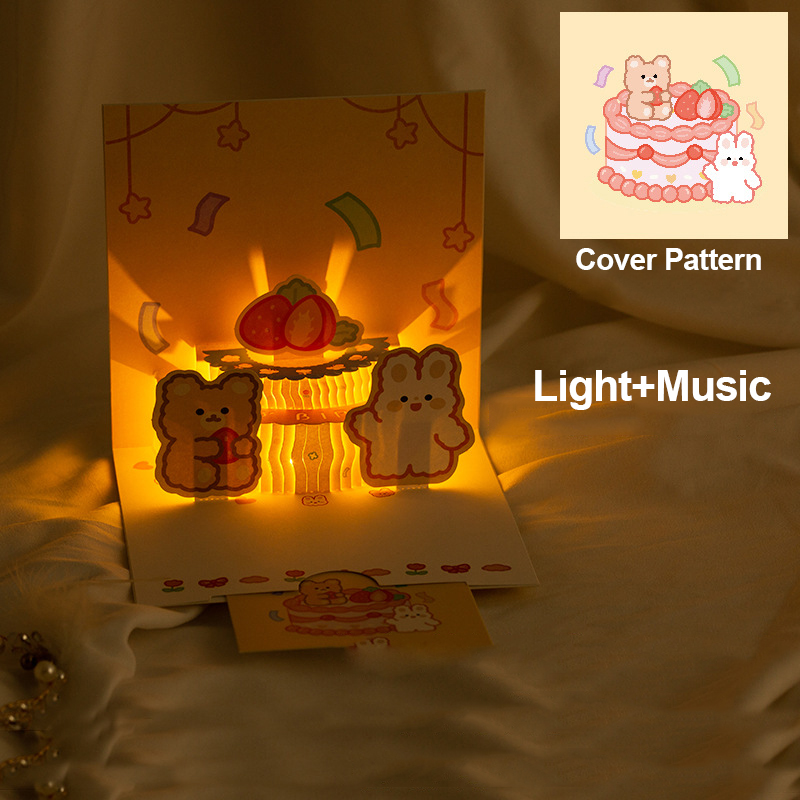3D Music Card Pop Up Cake Musical Light Greeting Card Cute Bear Cartoon ...