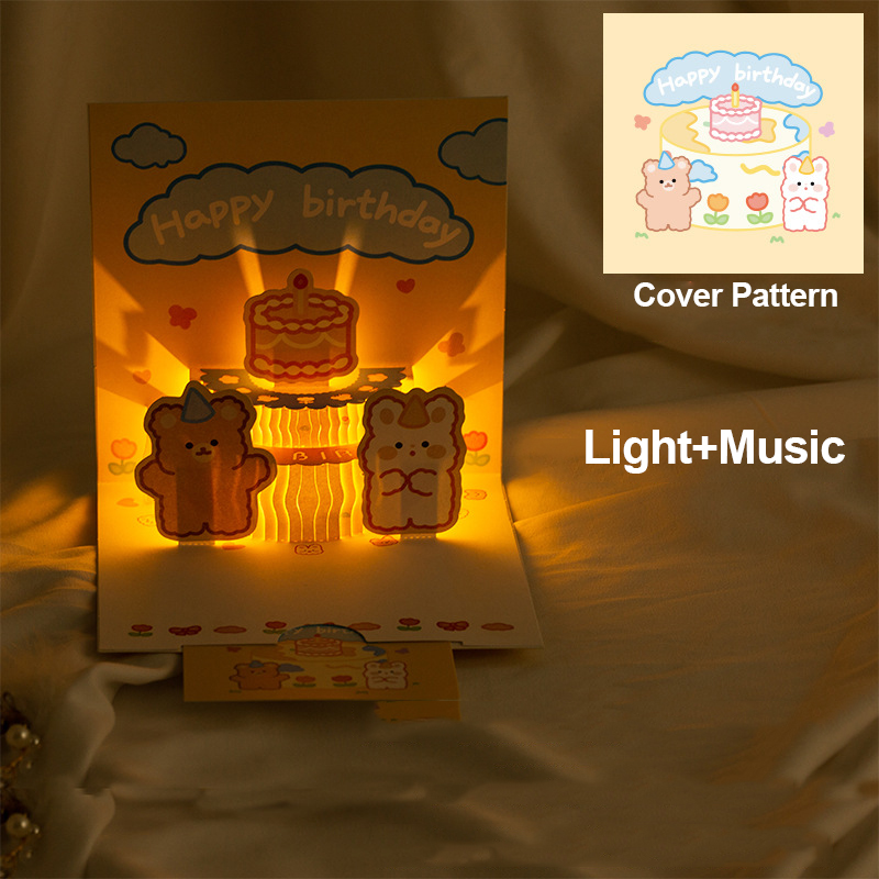 3D Music Card Pop Up Cake Musical Light Greeting Card Cute Bear Cartoon ...