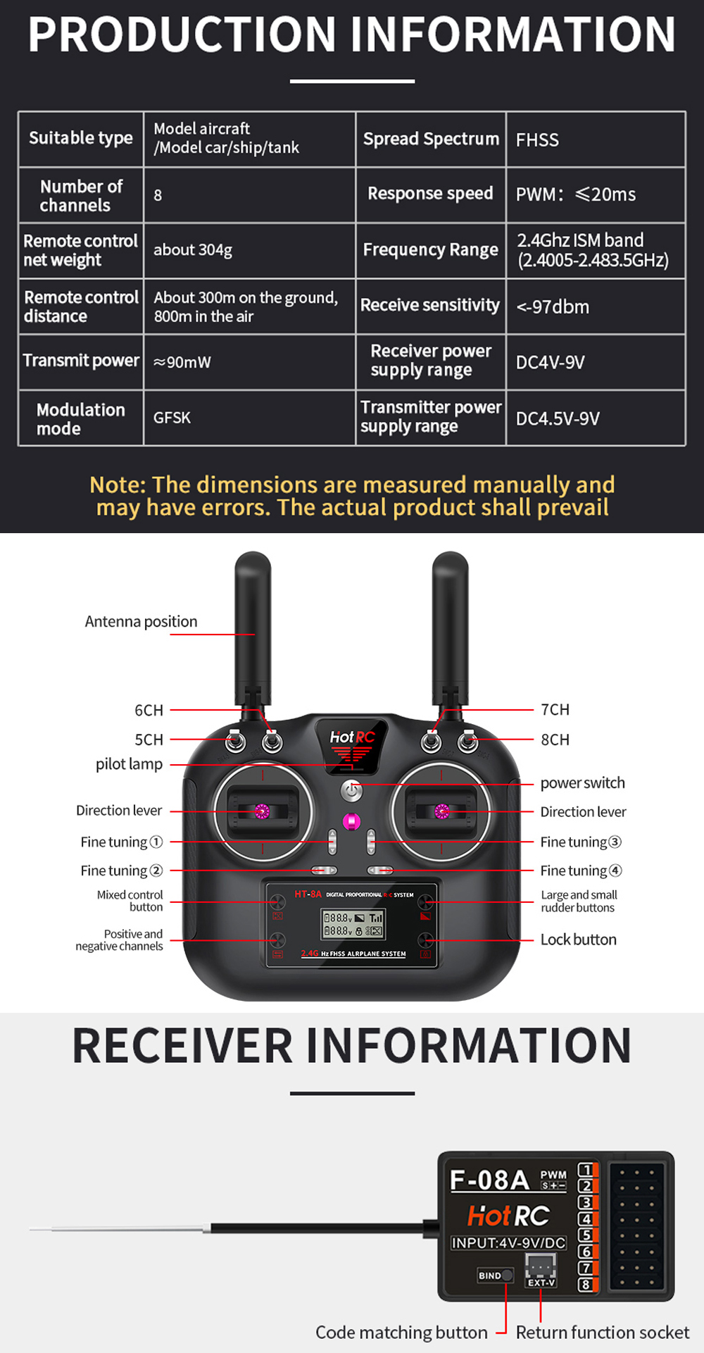 Hotrc Hot RC HT-8A HT8A 4.5-9V 2.4Ghz 8CH PWM FHSS Transmitter Remote ...