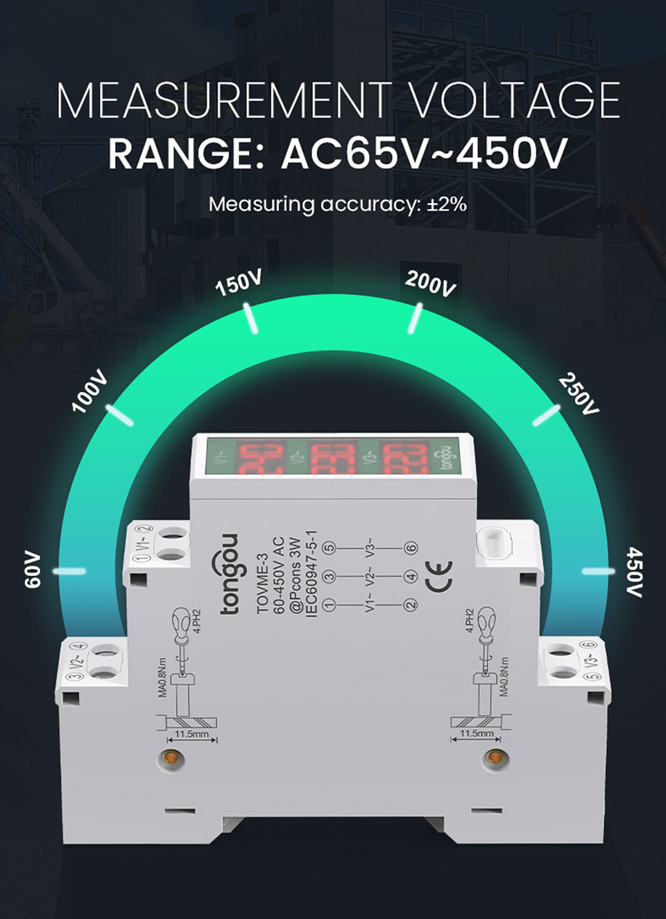 Din Rail Mount Three Phase Voltage Meter AC80-500V Multifunctional LED ...