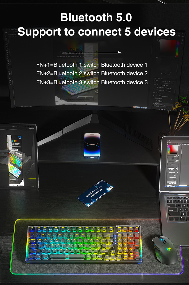 AULA F98 Mechanical Keyboard 2.4G/BT/Type-C Mode 99 keys Hot Swappable ...