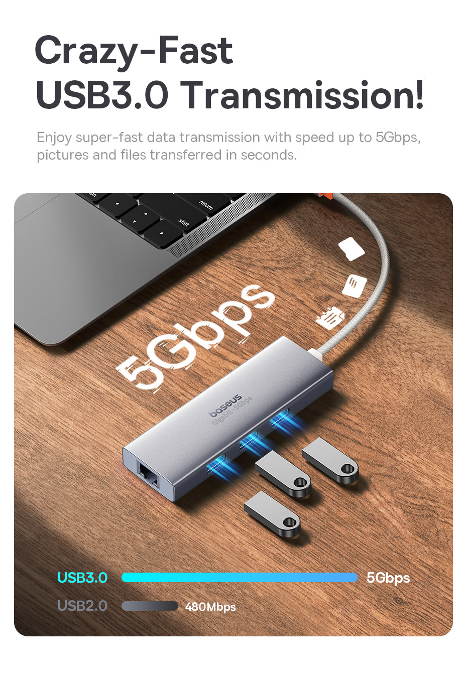 Baseus USB Hub with1000Mbps Ethernet Port 3* USB 3.0 Usb Adapter RJ45 ...