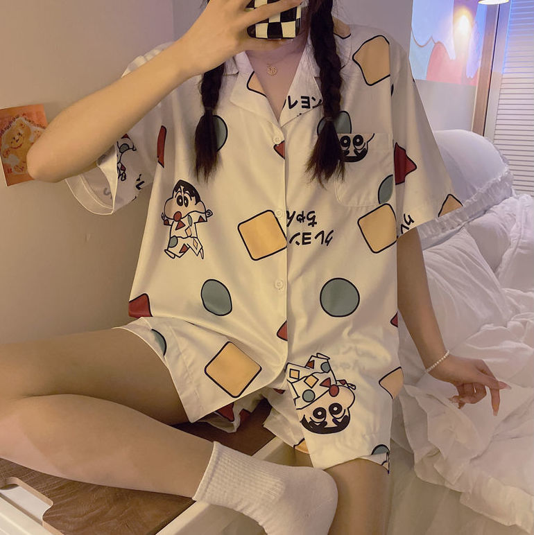 Students pajamas female cartoon cute crayon small学生睡衣女卡通可爱蜡笔小新开衫短袖外出家居服 ...