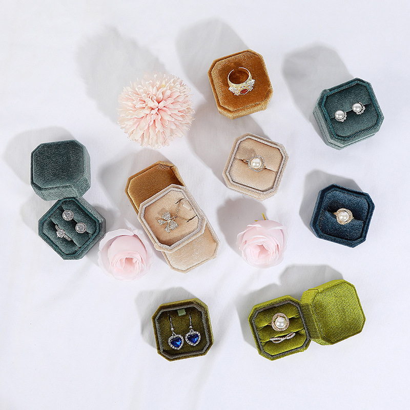 New Octagon Shape Double Ring Velvet Jewelry Box Ring Holder Storage ...