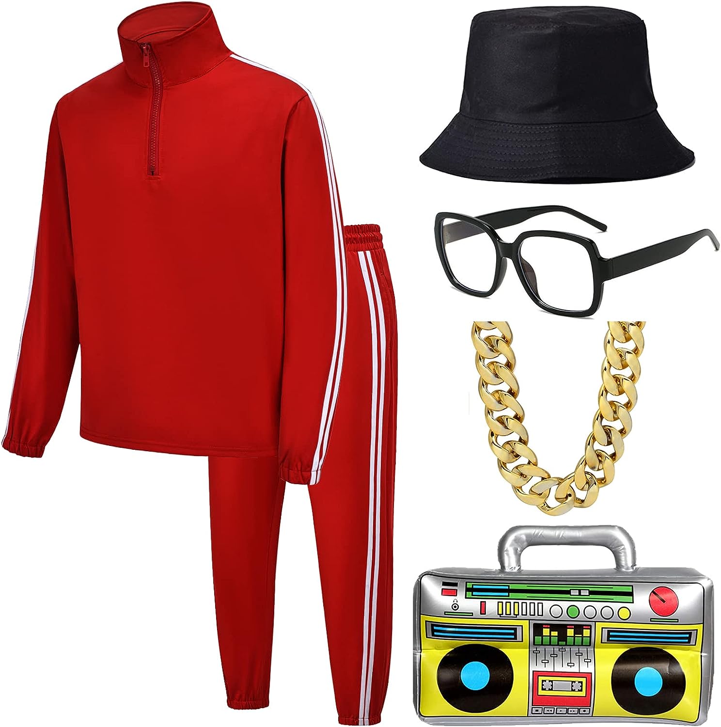 80s Costumes for Men,Men's Halloween 80s 90s Hip Hop Costume Outfit,80s  Retro Hat Sunglasses Necklace Inflatable Radio