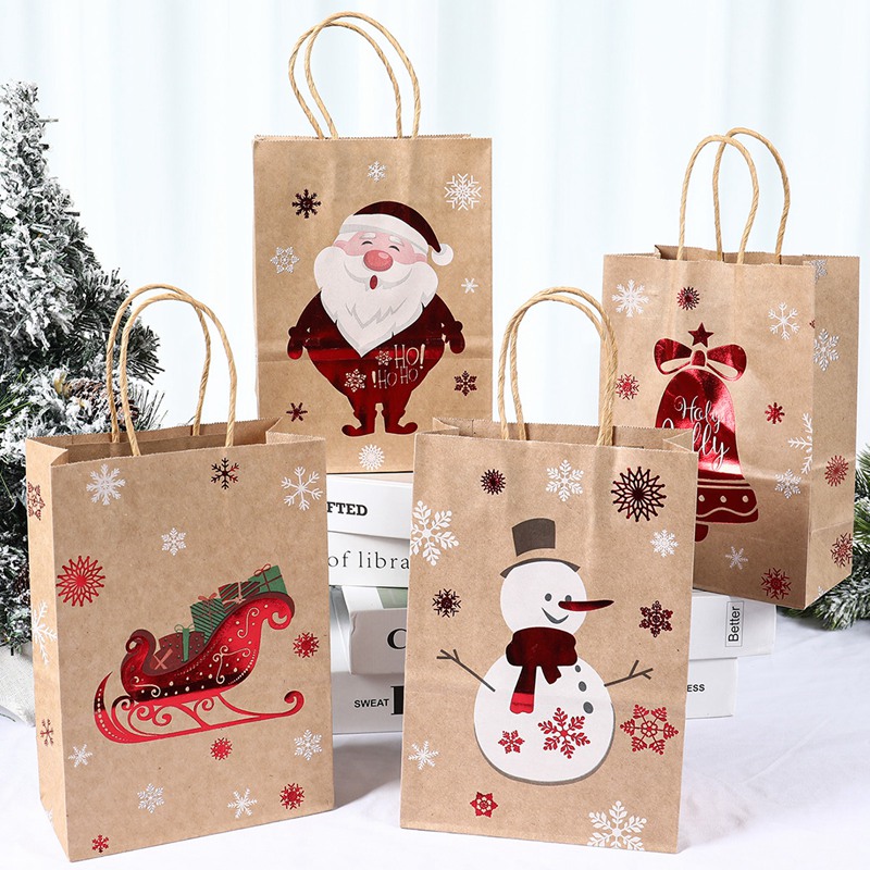 4pcs Christmas Gift Bags Kraft Paper Bags Xmas Gift Bags Santa Reindeer
