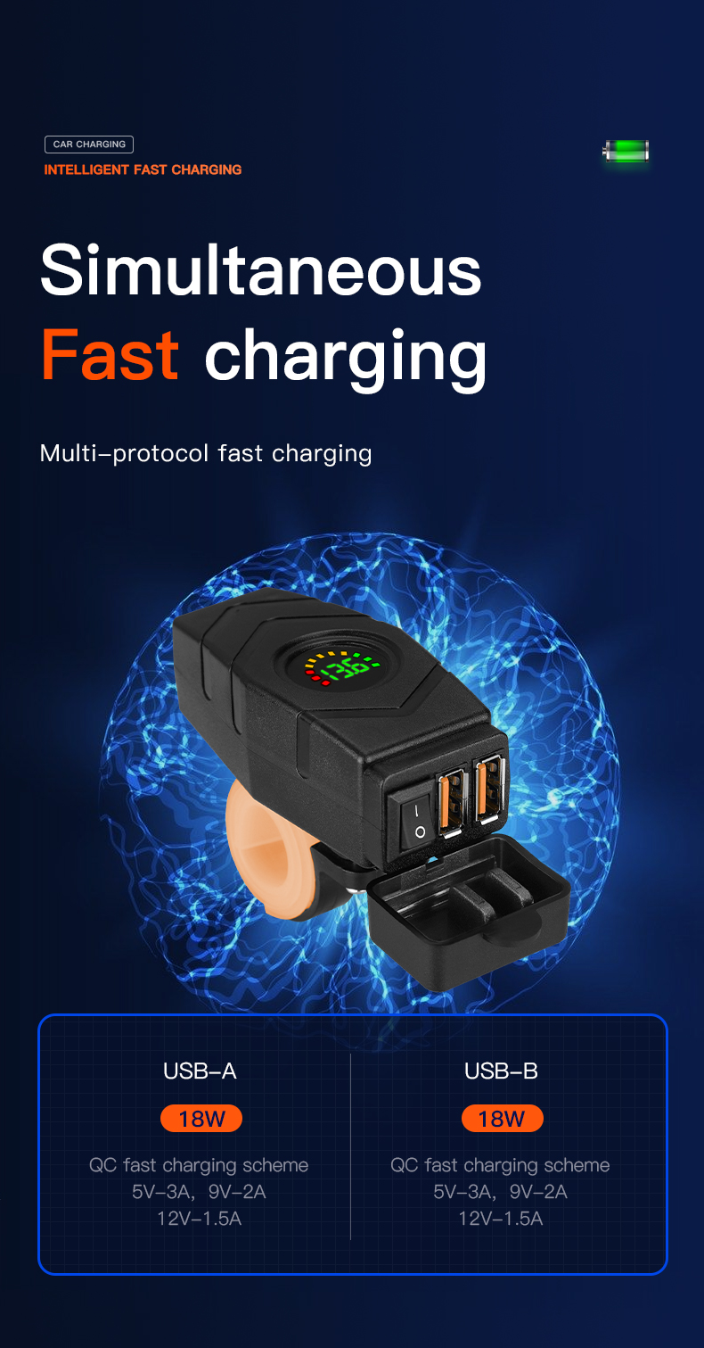 Dual Port 12V Waterproof Motorcycle Usb Charger Voltmeter Sequential ...
