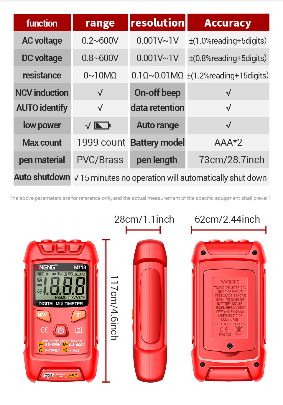 Aneng M Pocket Portable Mult Metro Tester Counts Mini Multimeter Cat Ii V Ac Dc