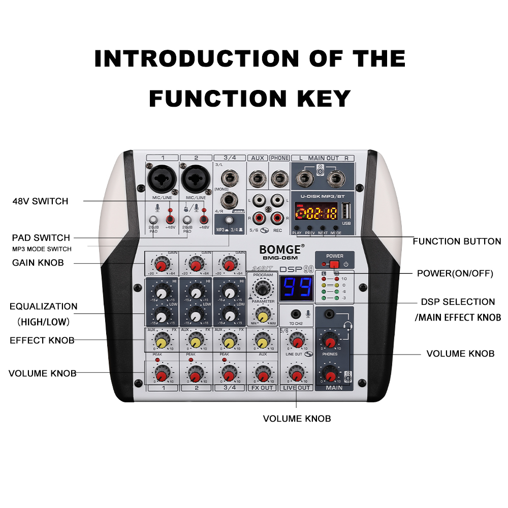 BOMGE Professional DJ Audio Mixer - 6 Channel Bluetooth Controller ...
