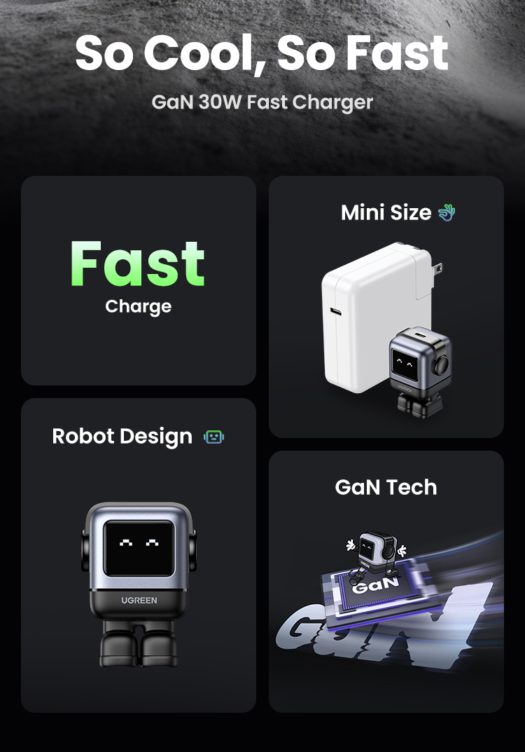 【US Plug】UGREEN 30W RoboGaN Charger USB C Mini Robot Nexode GaN Fast ...
