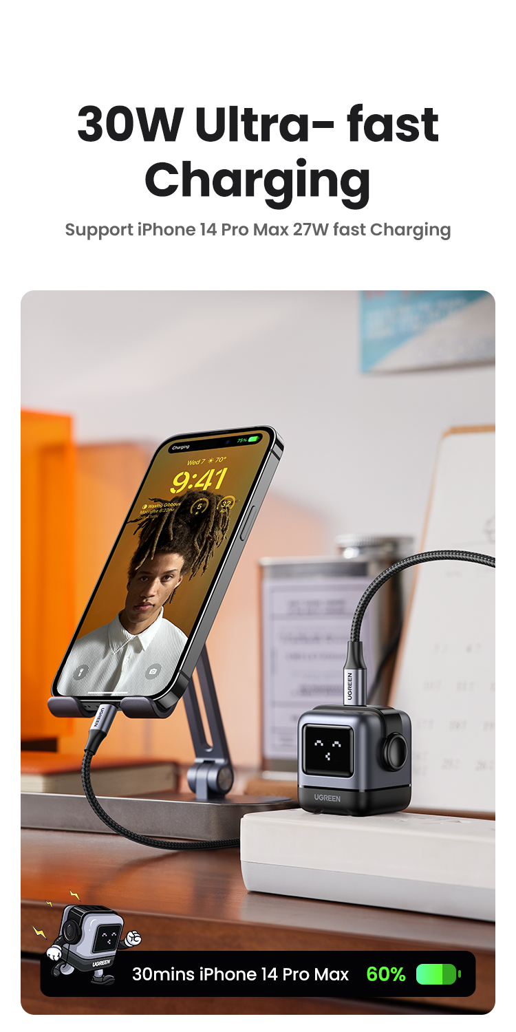 【US Plug】UGREEN 30W RoboGaN Charger USB C Mini Robot Nexode GaN Fast ...