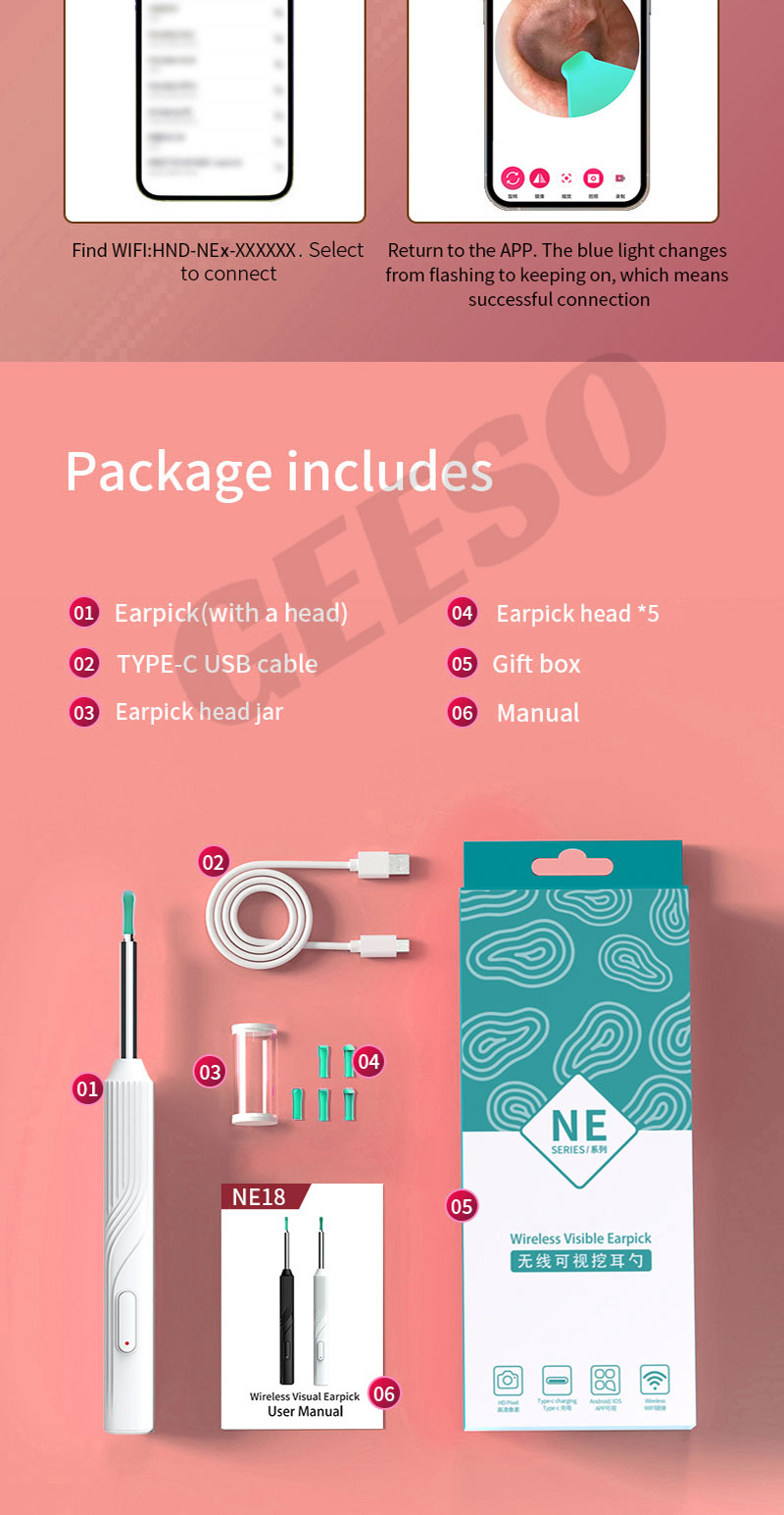 GEESO NE18 Earpick With Camera For Baby Adult Otoscope Endoscope Camera ...