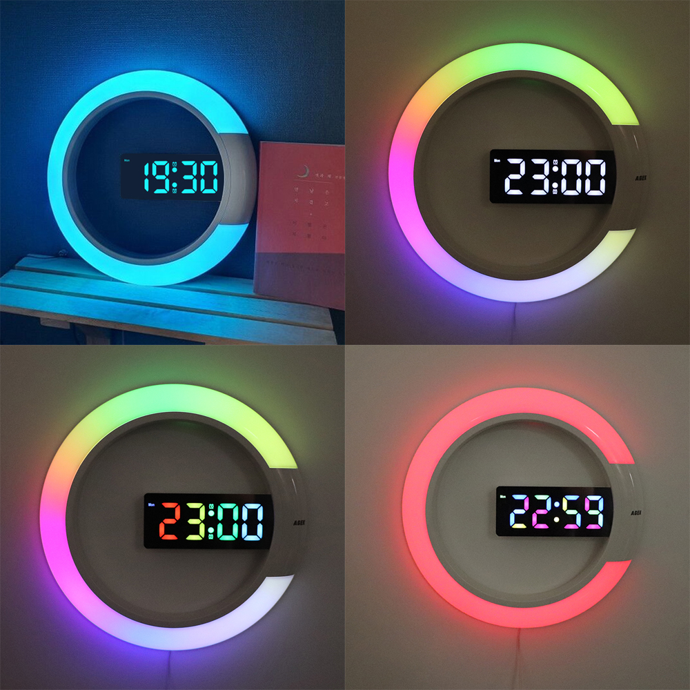 Remote Control Digital Wall Clock Creative LED RGB Alarm Clock with ...