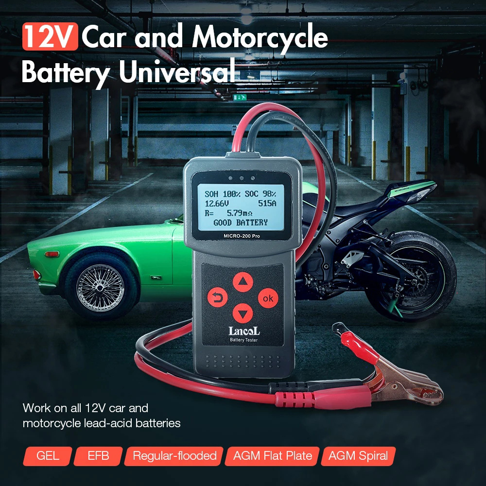 Testeur de batterie, 1 2V 24V Micro-200 Pro Testeur de voiture Testeur de batterie numérique Analyseur multilingue numérique AGM EFB Gel CCA BCI CA MCA JIS DIN IEC,Évitez la batterie morte