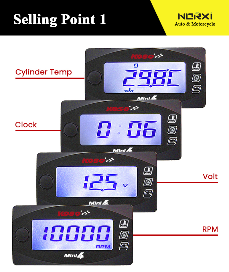 Motorcycle KOSO Mini 4 Tachometer RPM Meter Cylinder Head Temperature ...