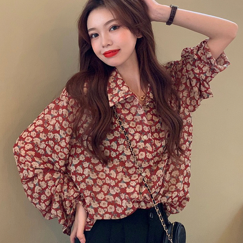 Fashion Women Shirt Floral Printed Blouses Chiffon Blouse Korea Tops ...