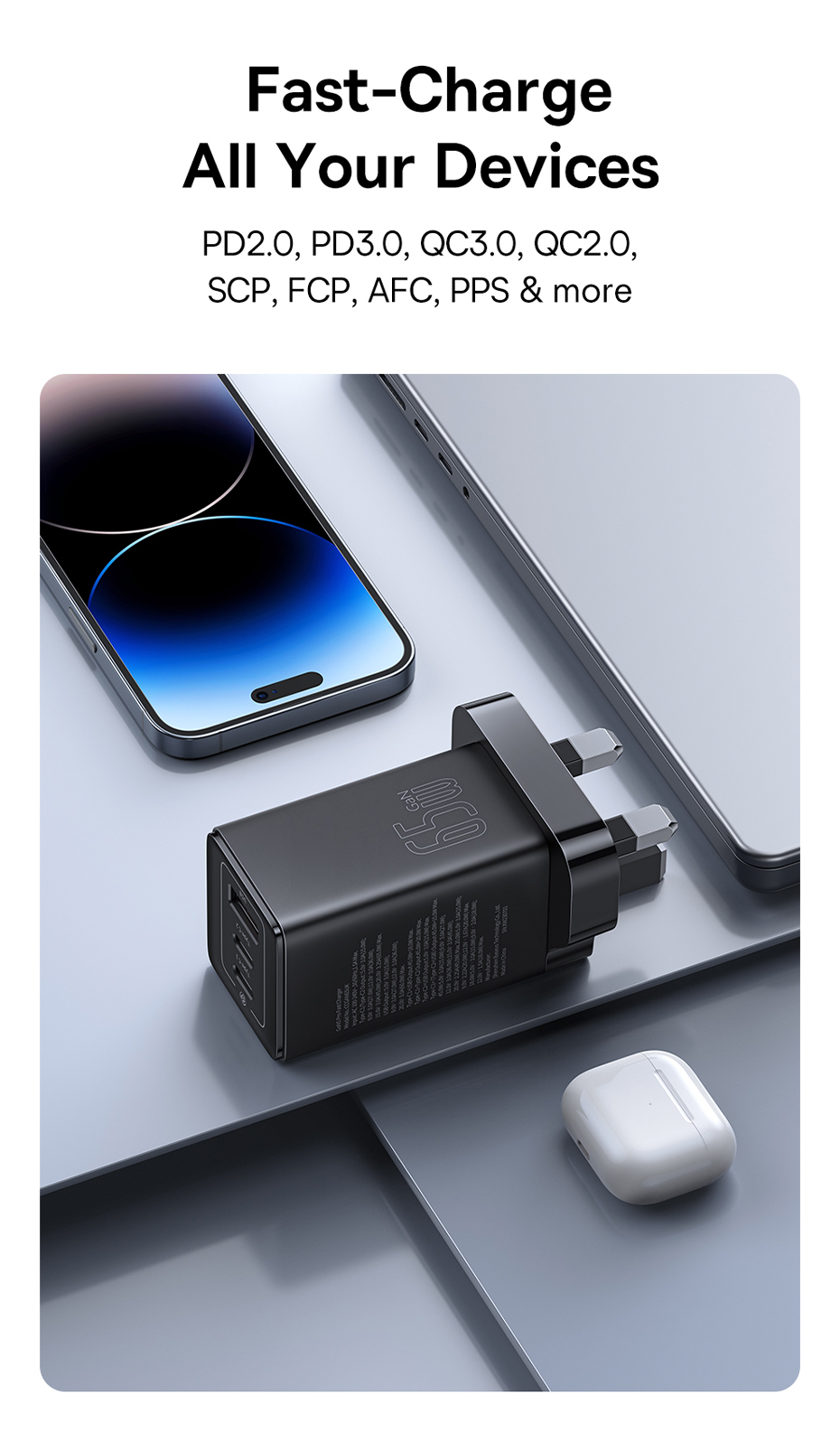 Baseus GaN5 Pro Fast Charger 2C+U 65W UK For iPhone 15 Laptop Xiaomi ...