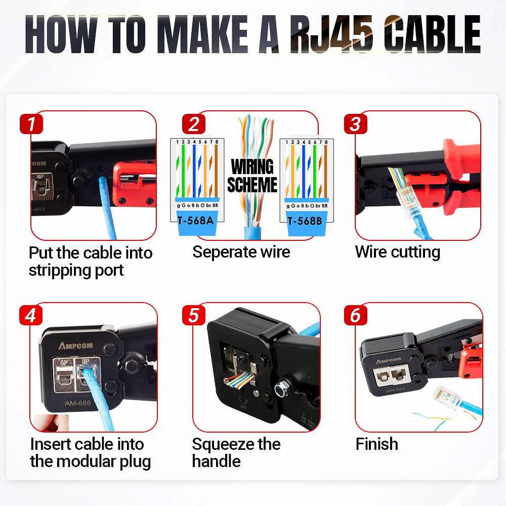 AMPCOM Pass Through RJ45 Crimper Tool, Lan Tester Tools Kit Sets ...