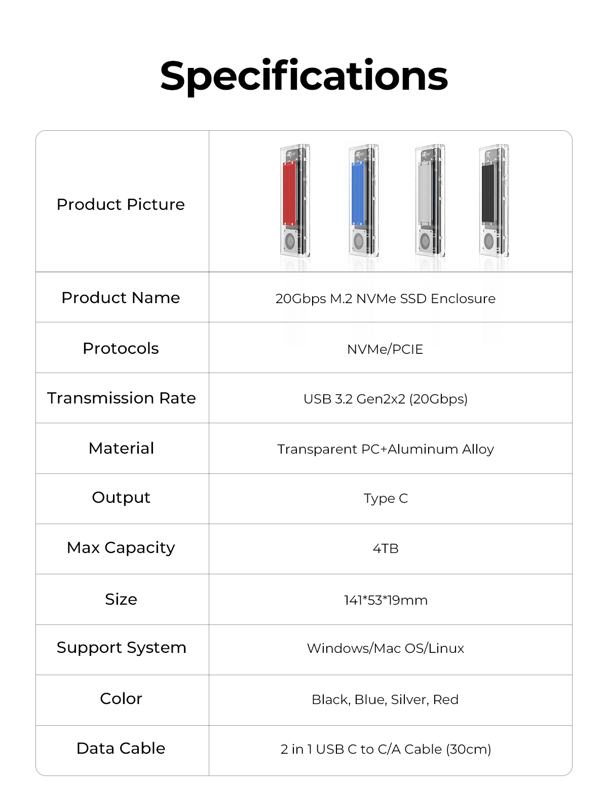 ORICO 20Gbps M.2 NVME SSD Enclosure with Cooling Fan NVMe Case USB 3.2