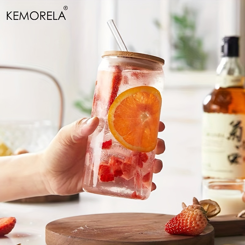 KEMORELA Reusable Glass Coke Cup With Bamboo Lid and Straws Cup ...
