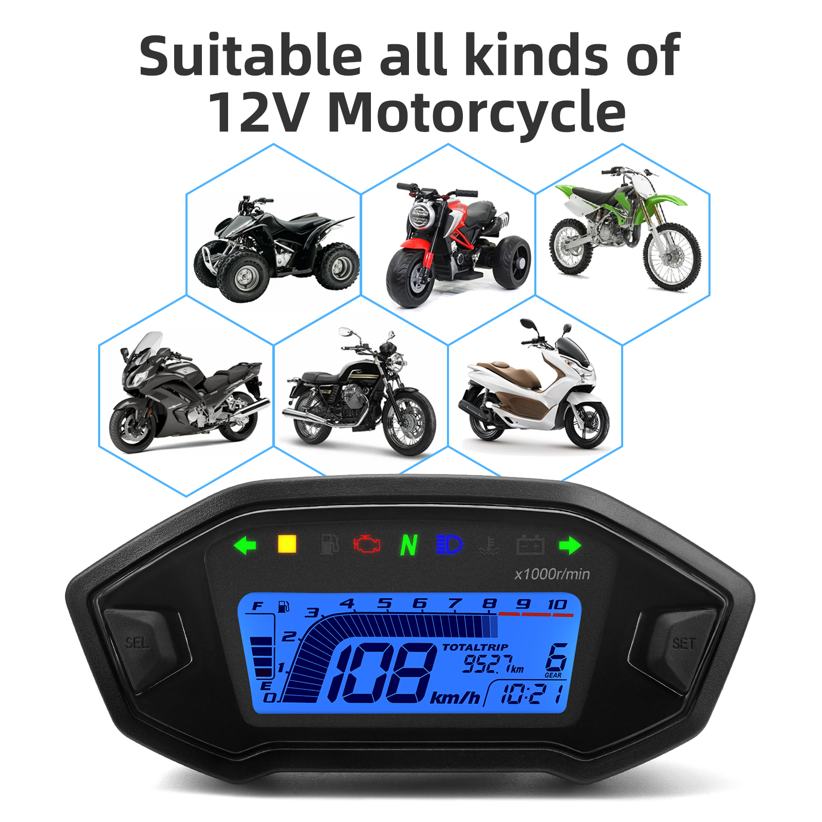 Universal Motorcycle Speedometer Gauge 7 Colors Backlight Motorcycle