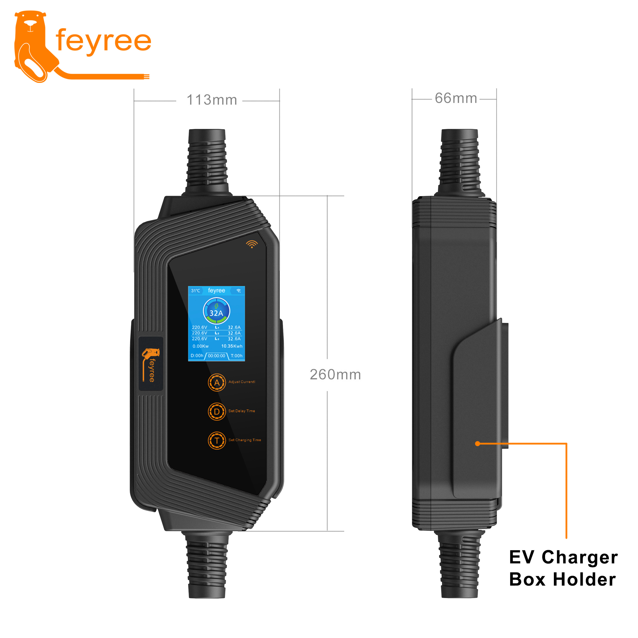 feyree 22kW 32A 3Phase Type2 Portable EV Charger Wi-Fi APP Control ...
