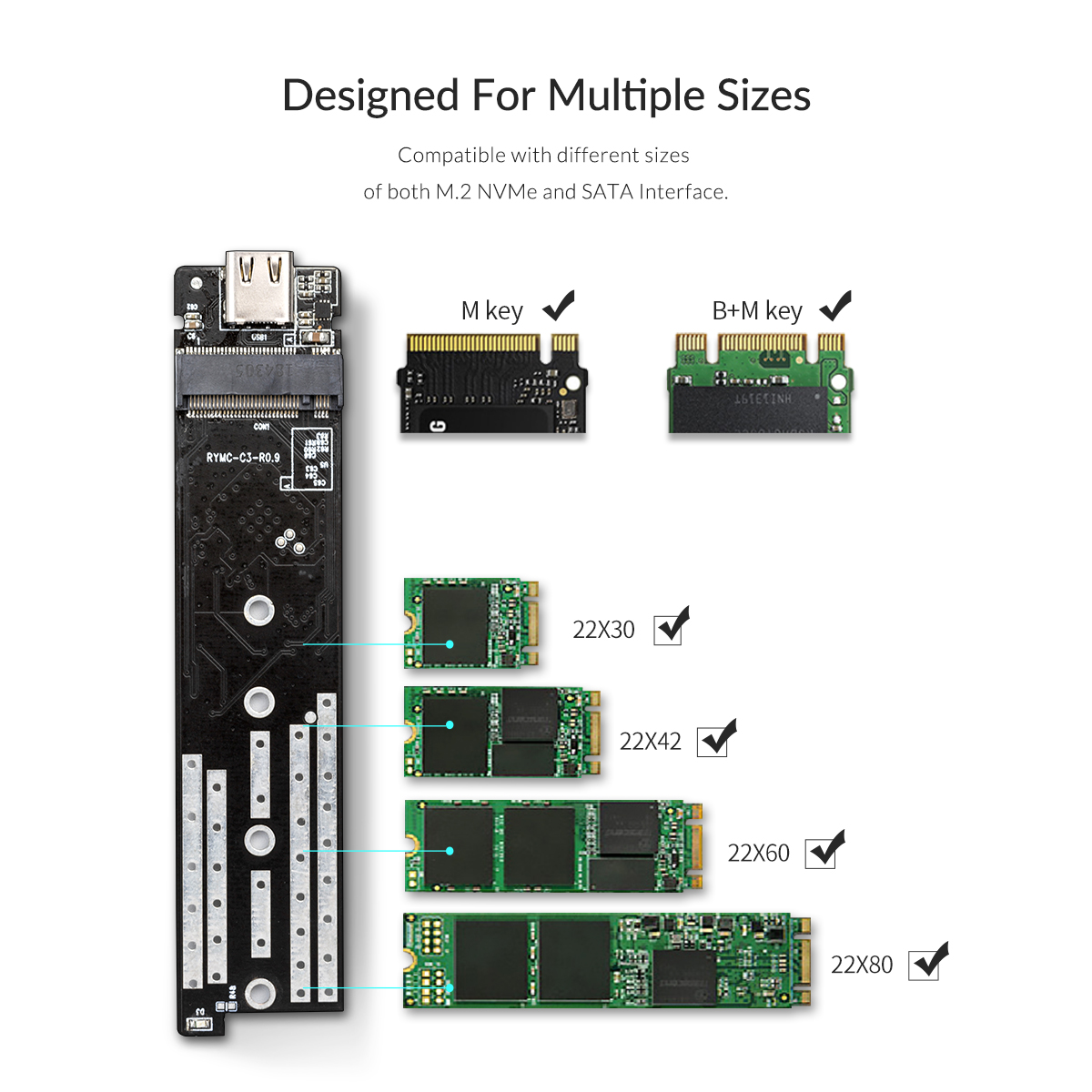 Jeyi M.2 Nvme Sata Boîtier SSD, USB C 3.2 Gen 2 10gbps ou 6gbps Sata M-key  (b + m Key) Lecteur SSD Dual Protocol Hard Disk Case