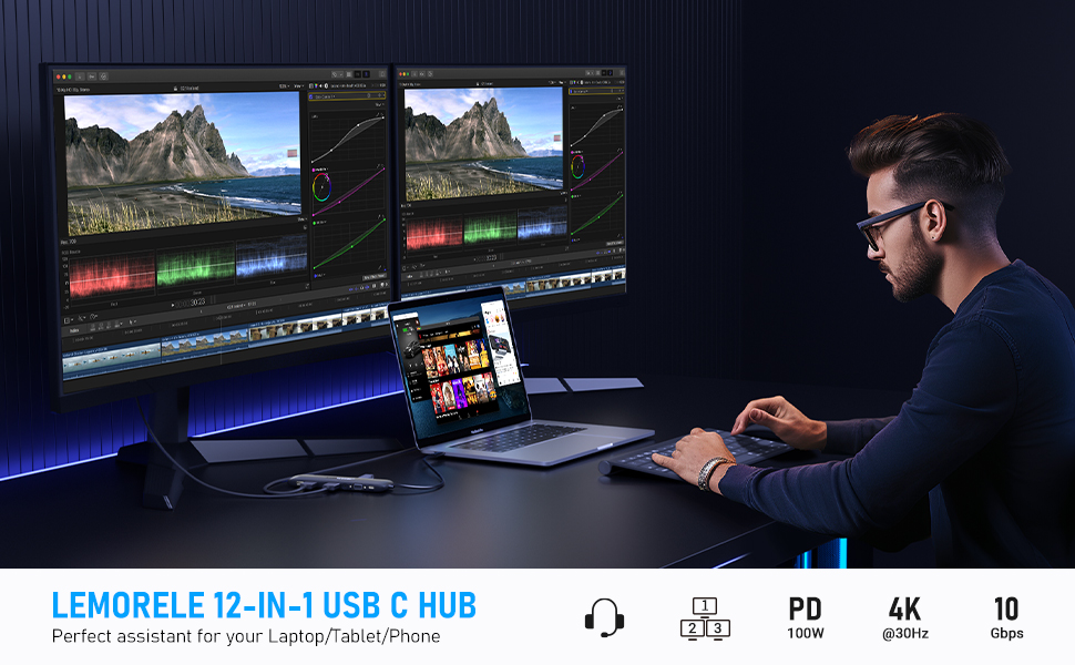 Lemorele TC97 12 In 1 USB-C Hub Multi Adapter 2x HDMI 4K 4x USB Ports ...