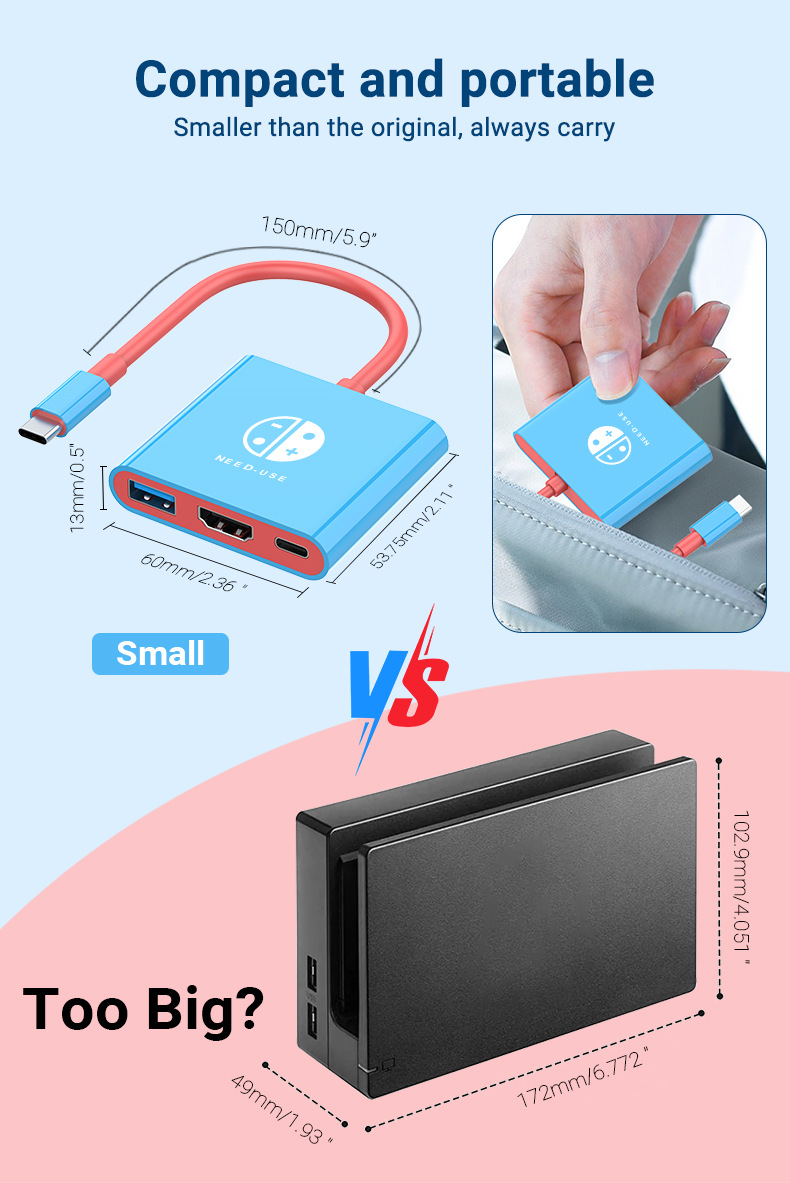 3in1 Type C to HDMI Adapter USB C Hub Type C Docking Station Nintendo ...