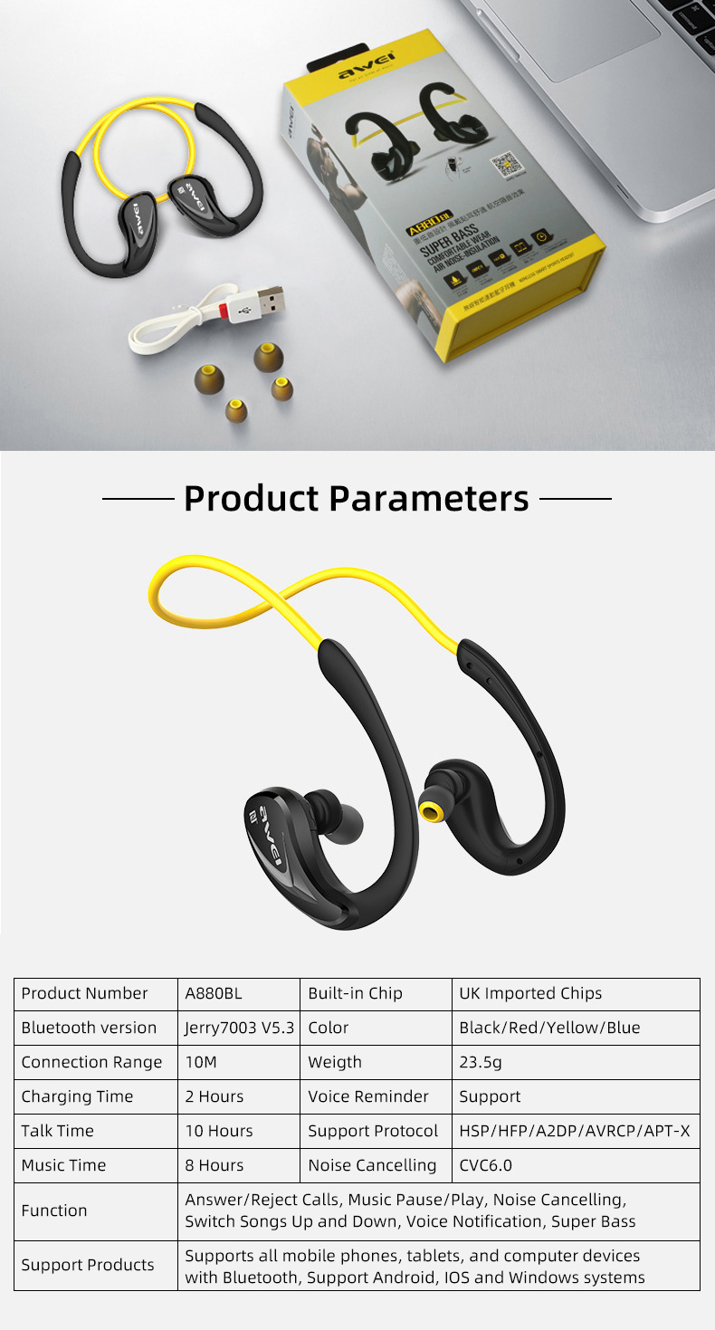 Yellow Awei A880bl Awei A880BL Bluetooth Earphone Neckband Sports