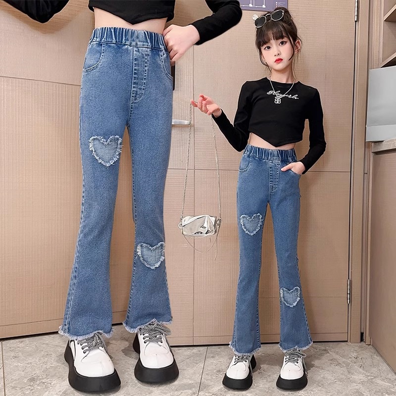 Kids Girls Flare Jeans Pants Fashion Ripped Bell-bottom Denim Pants Teens  Casual Long Pants Korean Style Trousers Spring Autumn