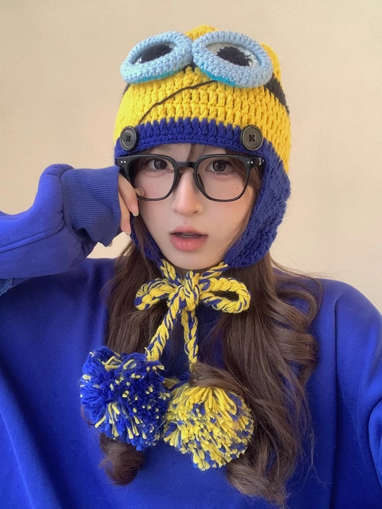 Wn Hat Hand-Knitted Minions Woolen Hat Women Autumn Winter Warm Knitted ...