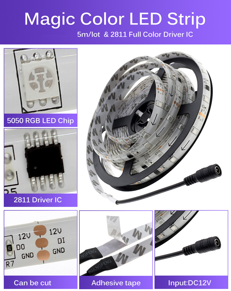 5m/roll LED Decoration Light 5050 RGB IC Strip Light Flexible Smart ...