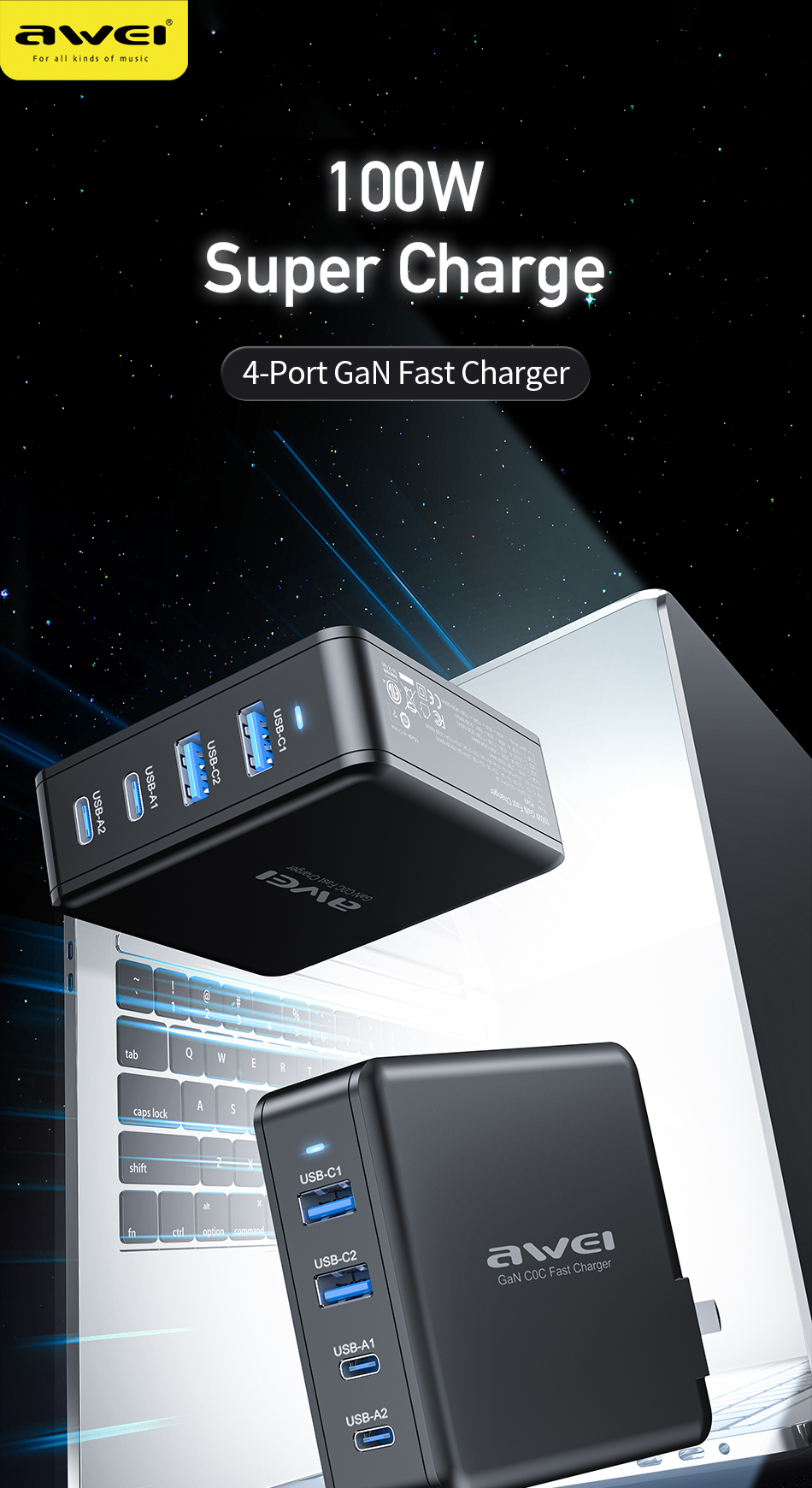 Awei PD48 100W GaN Fast Charger 2C2A 2 Type C 2 USB A 4 Ports Charger ...
