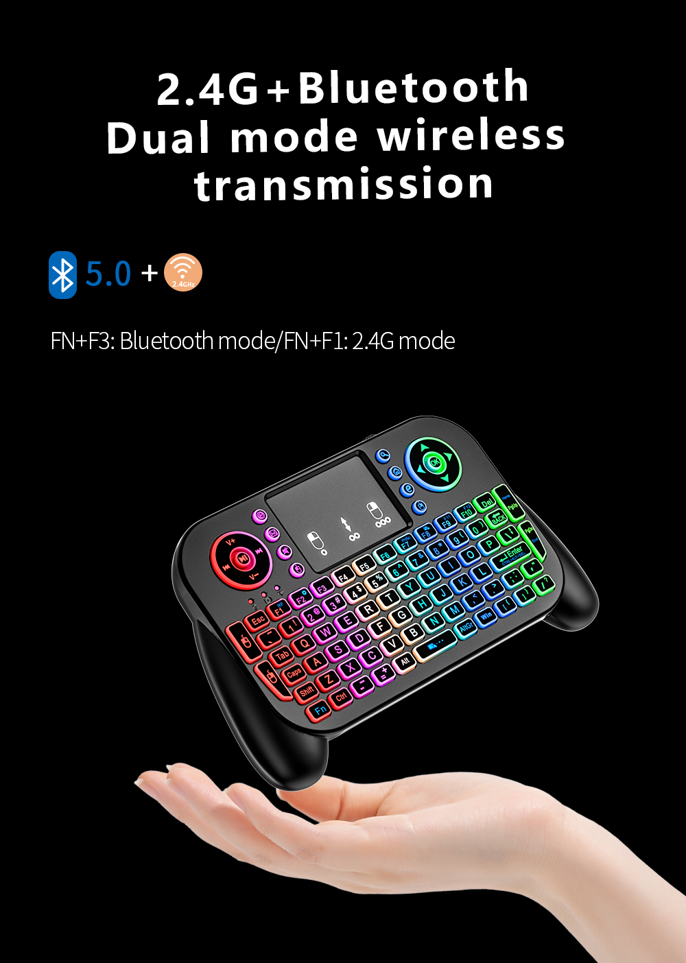 V8 Mini Wireless Keyboard 1pc 2.4G BT 7 Color Backlit Lithium Air Mouse ...