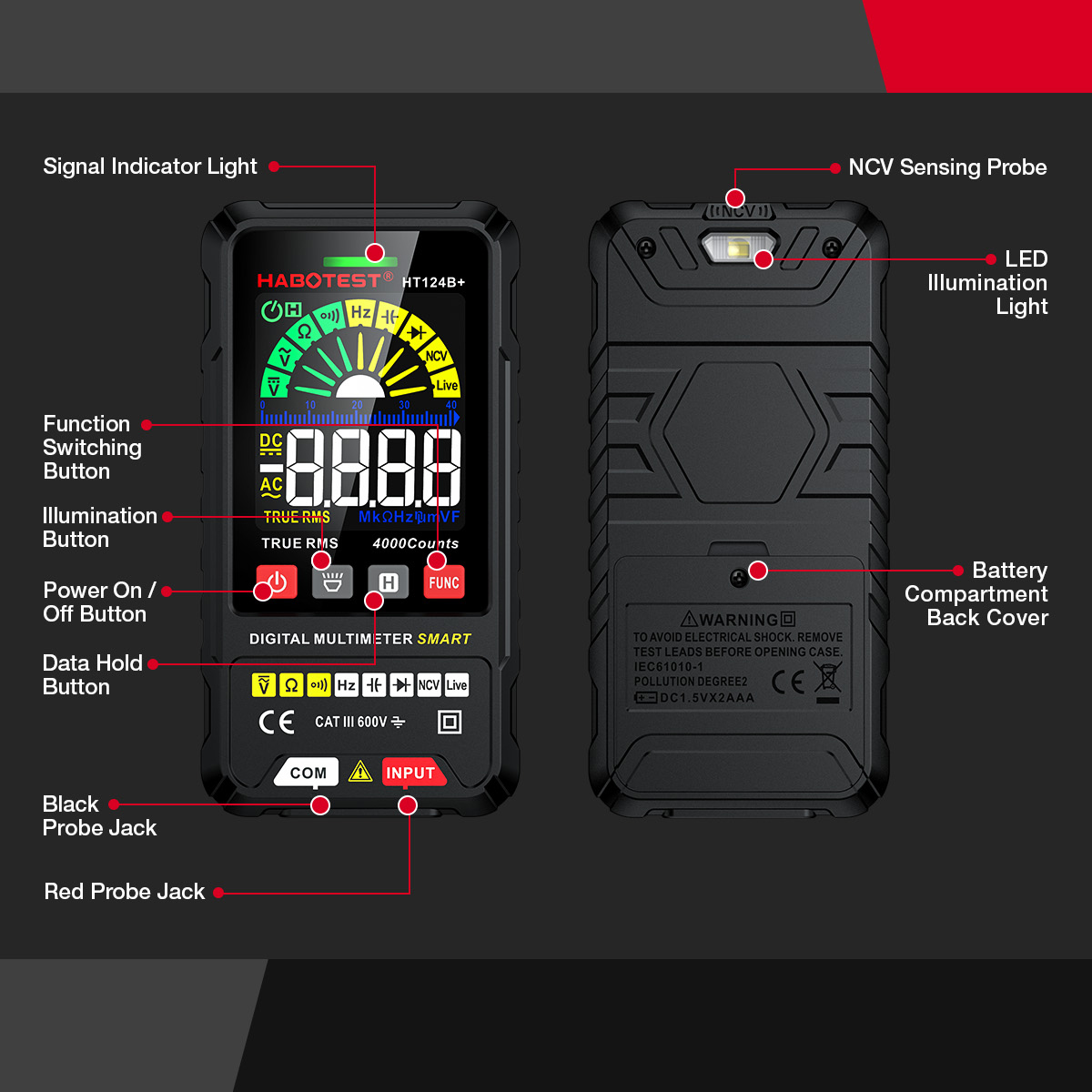 HABOTEST HT124 Smart Digital Multimeter 4000 Counts True RMS Auto ...