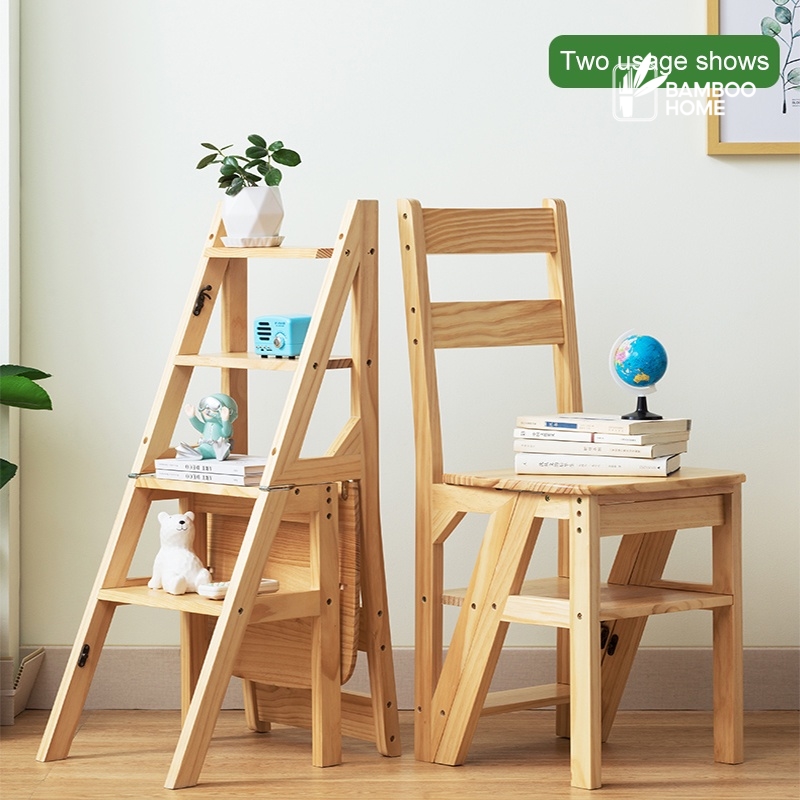 2in1 Ladder Foldable Chair Bamboo Wood/Brown Tangga Lipat Step Stool ...