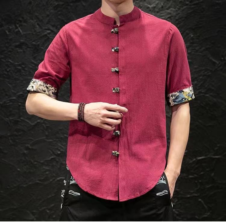 唐裝男裝 short sleeved shirt with button up cotton and linen stand up ...
