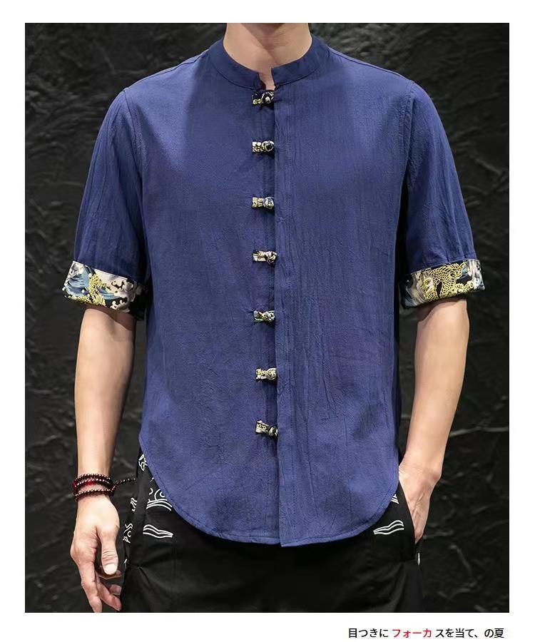 唐裝男裝 short sleeved shirt with button up cotton and linen stand up ...