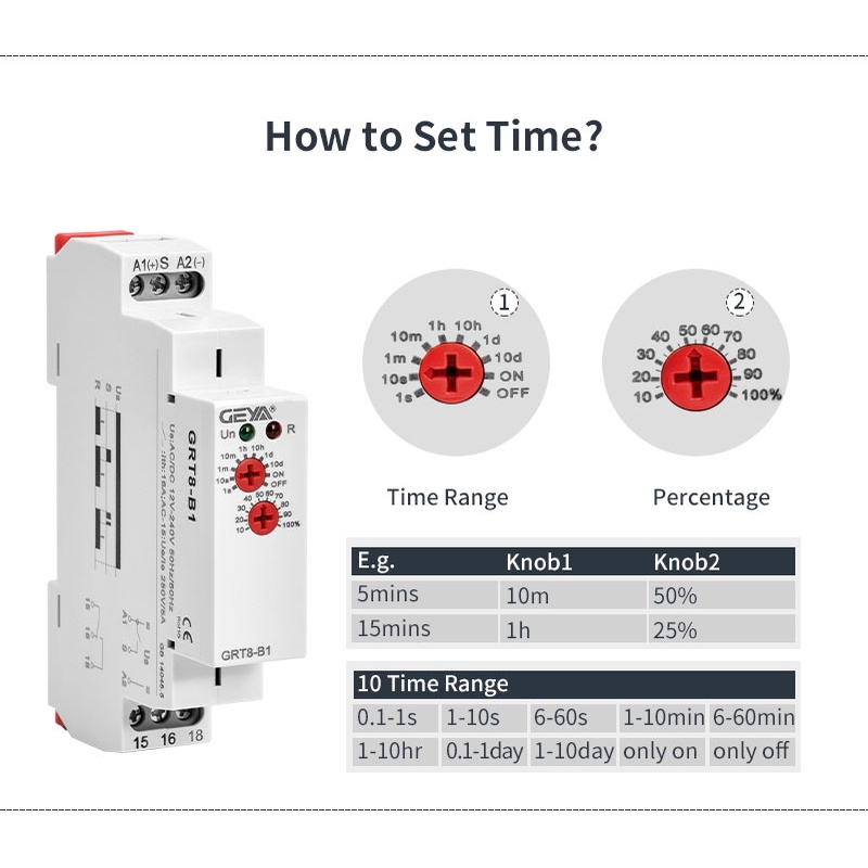 GEYA GRT8-B Delay OFF Timer Relay Switch Timing 16A AC/DC 12-240V Or ...