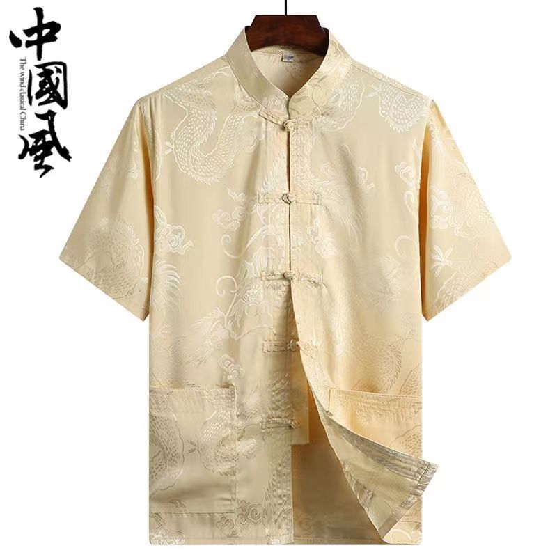 #唐裝男裝上衣#中國風男裝Ice silk Tang suit men's short sleeved shirt casual Hanfu ...